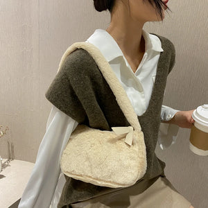Faux Fur Women's Underarm Bag Soft Plush Tote Winter Shoulder Bags