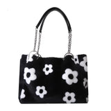Faux Fur Floral Shoulder Bag Winter Tote Chains
