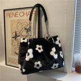 Faux Fur Floral Shoulder Bag Winter Tote Chains