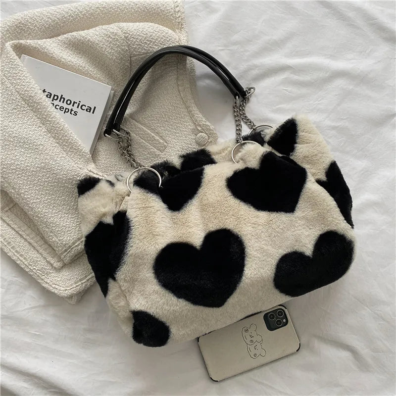 Faux Fur Floral Shoulder Bag Winter Tote Chains