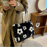 Faux Fur Floral Shoulder Bag Winter Tote Chains