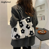 Faux Fur Floral Shoulder Bag Winter Tote Chains
