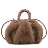 Faux Fur Small Totes With Woven Handle Soft Plush Women's Handbag