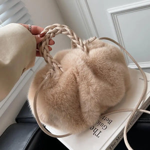 Faux Fur Small Totes With Woven Handle Soft Plush Women's Handbag