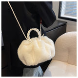Faux Fur Small Totes With Woven Handle Soft Plush Women's Handbag