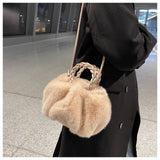 Faux Fur Small Totes With Woven Handle Soft Plush Women's Handbag