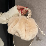 Faux Fur Small Totes With Woven Handle Soft Plush Women's Handbag
