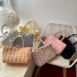 Winter Plaid Soft Tote Bag for Women Fluffy Textures Large Shopper Handbag