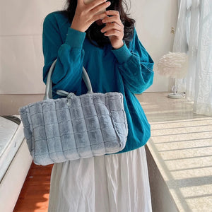 Winter Plaid Soft Tote Bag for Women Fluffy Textures Large Shopper Handbag