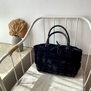 Winter Plaid Soft Tote Bag for Women Fluffy Textures Large Shopper Handbag