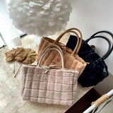 Winter Plaid Soft Tote Bag for Women Fluffy Textures Large Shopper Handbag