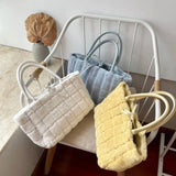 Winter Plaid Soft Tote Bag for Women Fluffy Textures Large Shopper Handbag