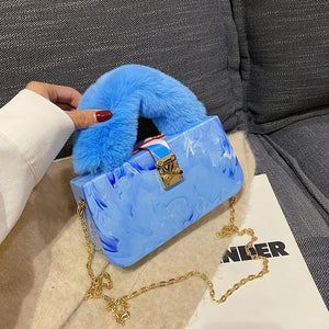 Faux Fur Handle Acrylic Clutch Purse for Women Evening Bag