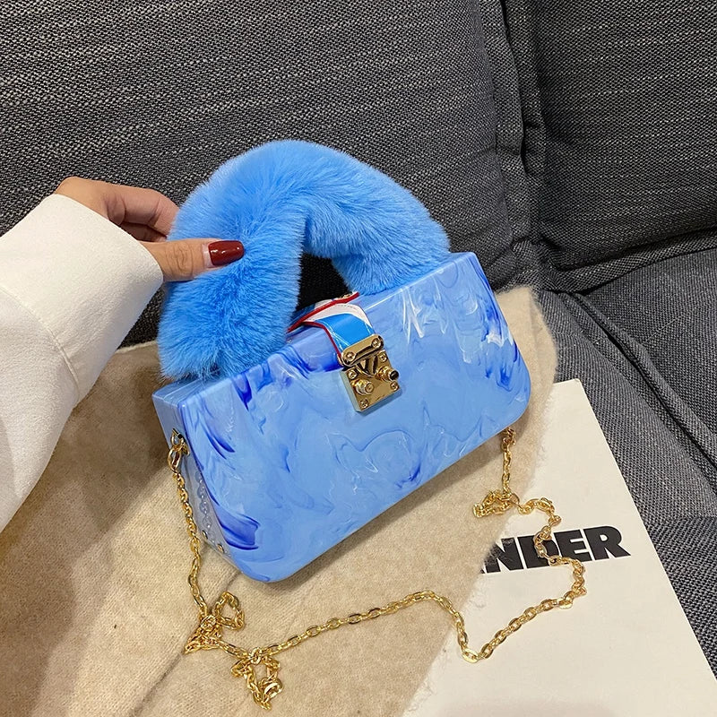 Faux Fur Handle Acrylic Clutch Purse for Women Evening Bag