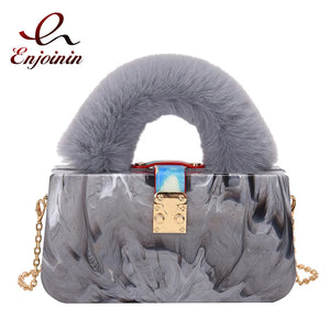 Faux Fur Handle Acrylic Clutch Purse for Women Evening Bag