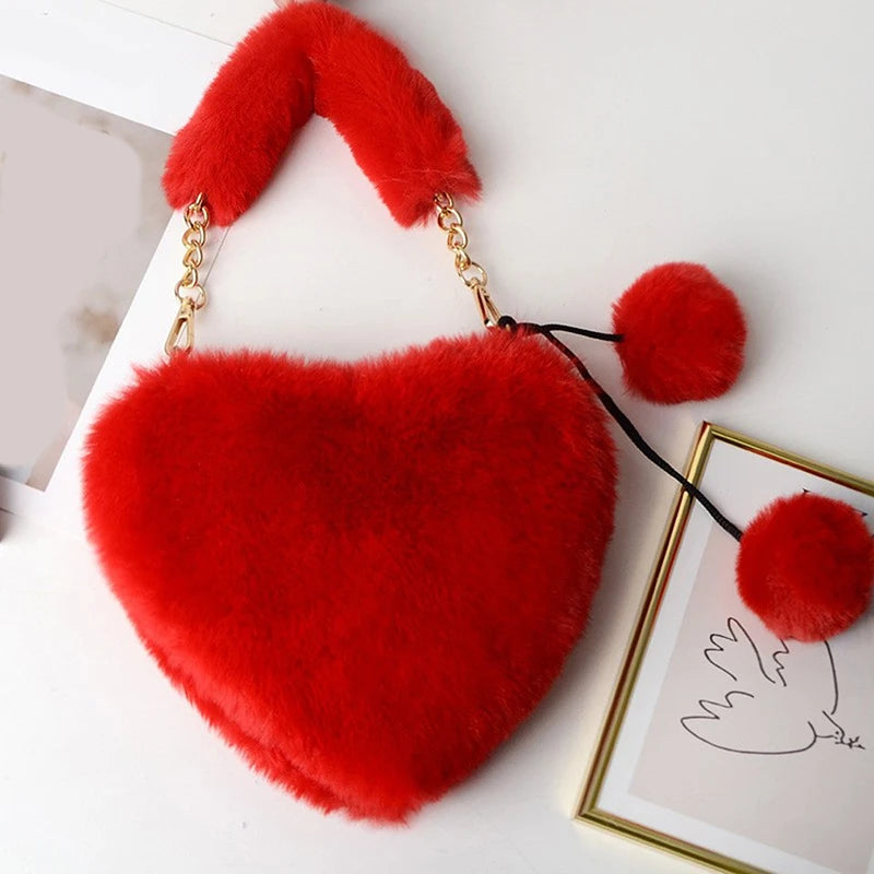 Plush Heart Shaped Shoulder Bag - Faux Fur Winter Women Handbags