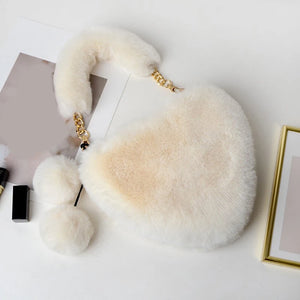Plush Heart Shaped Shoulder Bag - Faux Fur Winter Women Handbags
