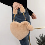 Faux Fur Heart Shaped Shoulder Bag Women's Clutch Purse Love Handbags