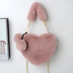 Plush Heart Shaped Shoulder Bag Faux Fur Women Handbags