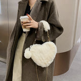 Faux Fur Winter Women Handbags Plush Ladies Heart Shaped Shoulder Bag