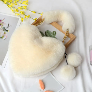 Faux Fur Heart Shaped Shoulder Bag Plush Ladies Handbag