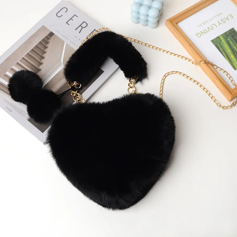 Faux Fur Winter Women Handbags Plush Ladies Heart Shaped Shoulder Bag