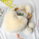 Faux Fur Winter Women Handbags Plush Heart Shaped Shoulder Bag Female Clutch