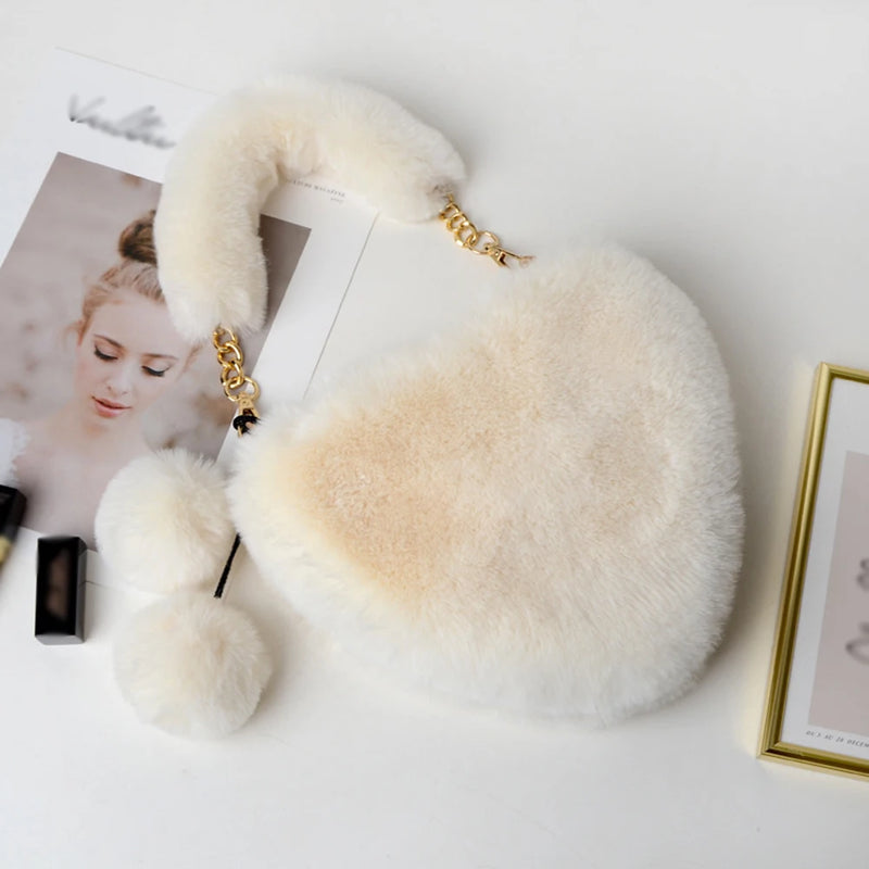 Faux Fur Winter Women Handbags Plush Heart Shaped Shoulder Bag Female Purse