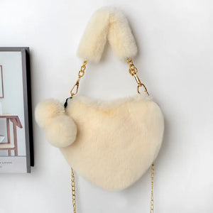 Faux Fur Heart Shoulder Bag Chain Messenger Clutch Purse Plush Crossbody Bag