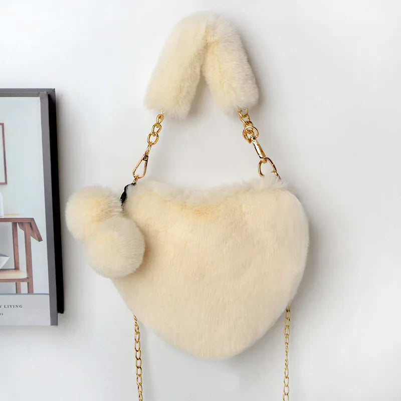 Faux Fur Heart Shoulder Bag Chain Messenger Clutch Purse Plush Crossbody Bag