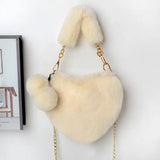 Faux Fur Heart Shoulder Bag Chain Messenger Clutch Purse Plush Crossbody Bag
