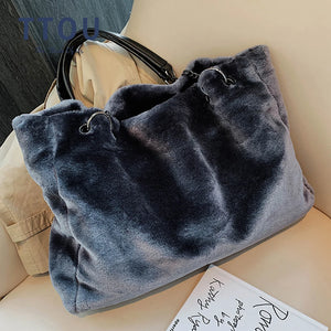 Faux Fur Women Shoulder Bag Casual Plush Lady Tote Handbag Chain Larger Capacity
