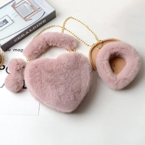 Faux Fur Love Heart Shoulder Bag & Headband Set Winter Chain Handbags