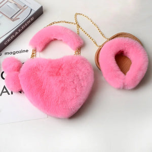 Faux Fur Love Heart Shoulder Bag & Headband Set Winter Chain Handbags