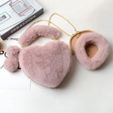 Faux Fur Love Heart Shoulder Bag & Headband Set Winter Chain Handbags