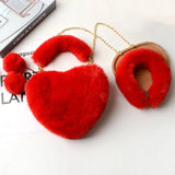 Faux Fur Love Heart Shoulder Bag & Headband Set Winter Chain Handbags