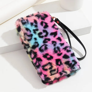 Leopard Plush Fluffy Clutch Long Wallet with Wrist Strap