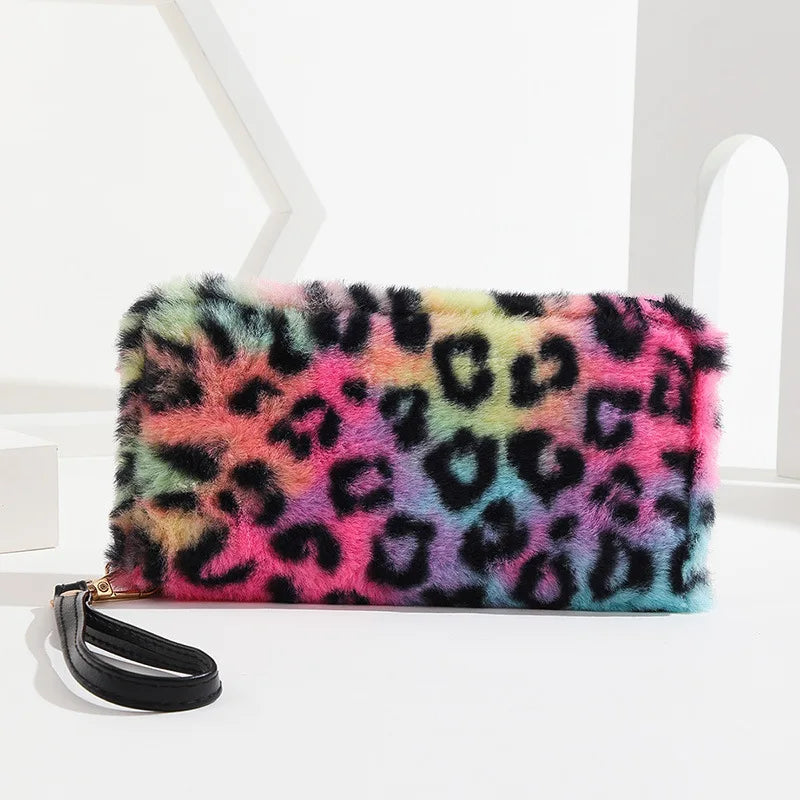 Leopard Plush Fluffy Clutch Long Wallet with Wrist Strap