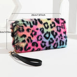 Leopard Plush Fluffy Clutch Long Wallet with Wrist Strap