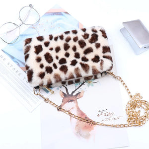 Women's Faux Rabbit Fur Crossbody Bag Leopard Wallet