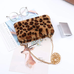 Women's Faux Rabbit Fur Crossbody Bag Leopard Wallet
