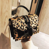 Leopard Print Chain Crossbody Bag Faux Fur Messenger Bag