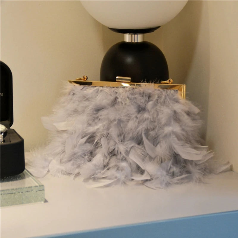 Ostrich Feather Handbag Evening Clutch Tote Party Money Bag