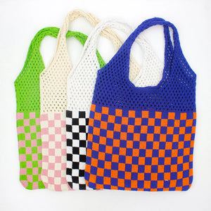 Vintage Crochet Eyelet Plaid High Capacity Shopping Bag