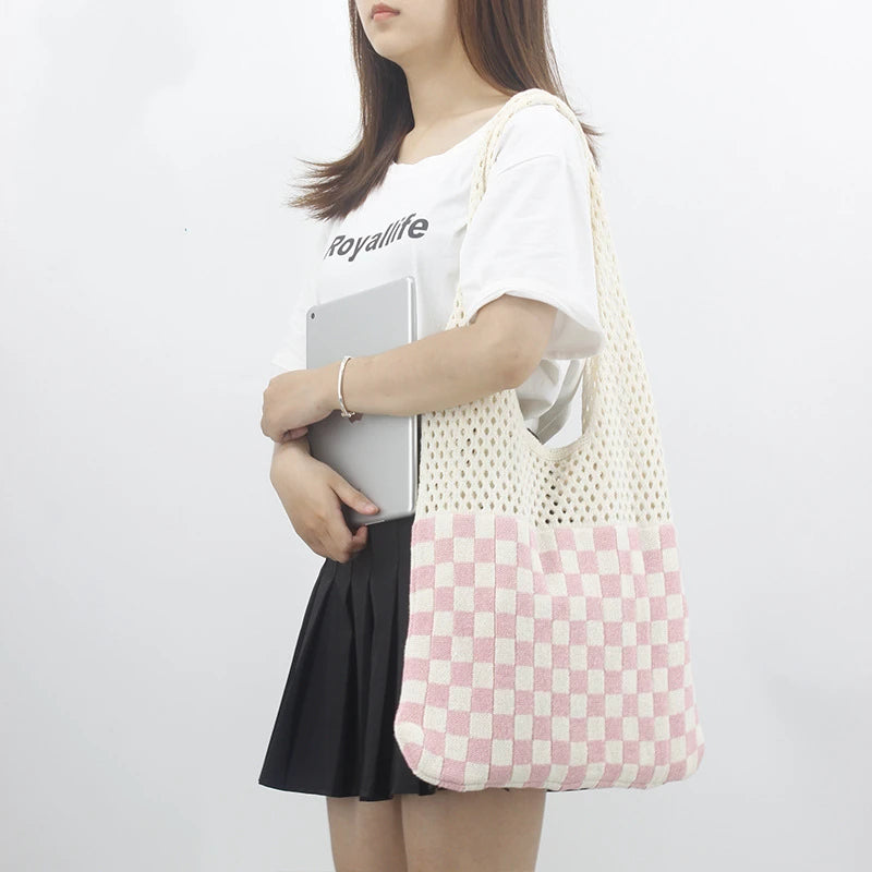 Vintage Crochet Eyelet Plaid High Capacity Shopping Bag