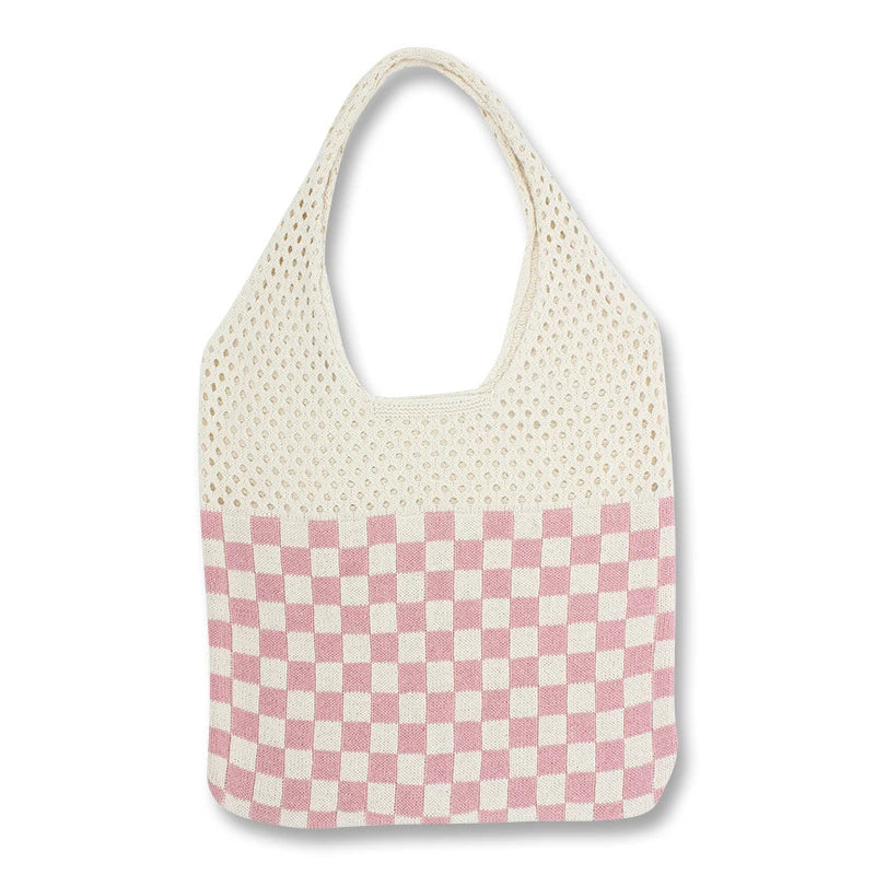 Vintage Crochet Eyelet Plaid High Capacity Shopping Bag