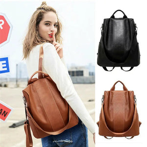 Women's Anti-Theft PU Leather Backpack Solid Color Back Zipper Bag