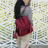 Female Backpack, Contrast Shoulders Bag Handbag with Cartoon Pendant in Wine Red