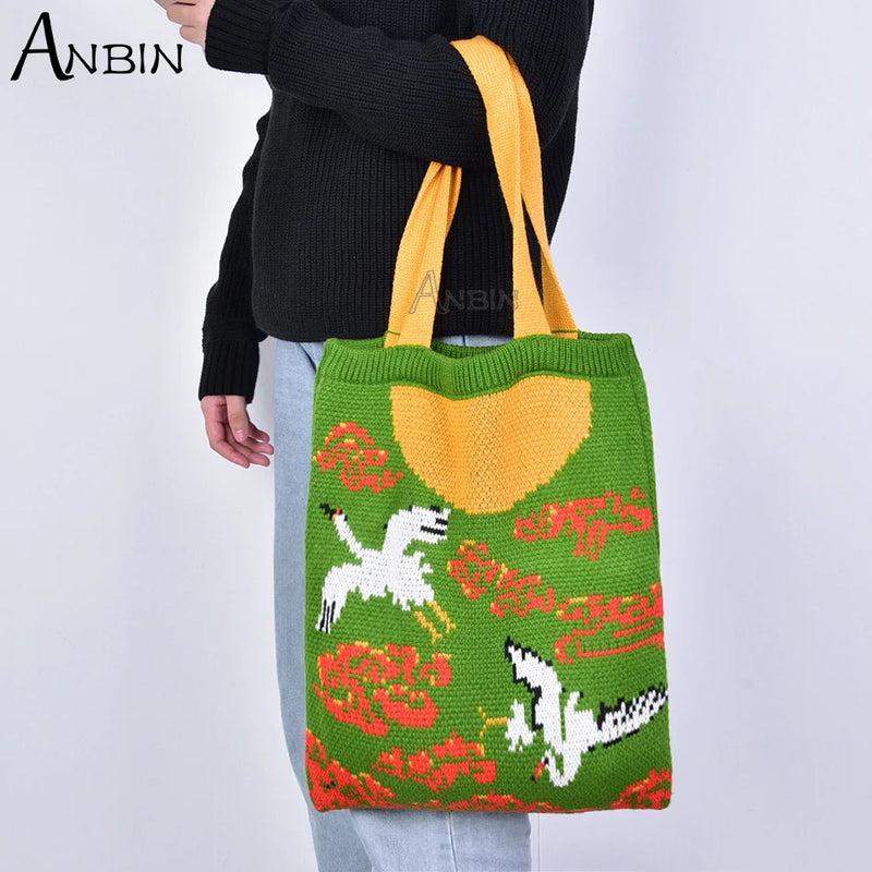 Chinese Elements Pattern Shoulder Bag Knitting Wool Handbag Tote