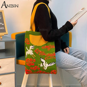 Chinese Elements Pattern Shoulder Bag Knitting Wool Handbag Tote